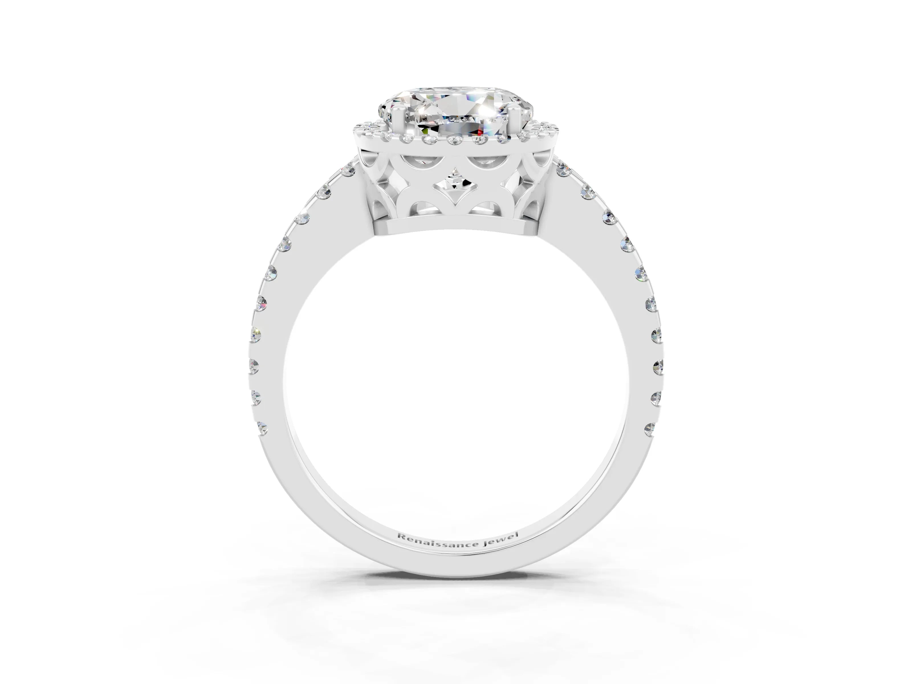 White gold Round Cut Moissanite Halo Engagement Ring with Pavé Band and Prong Setting_15