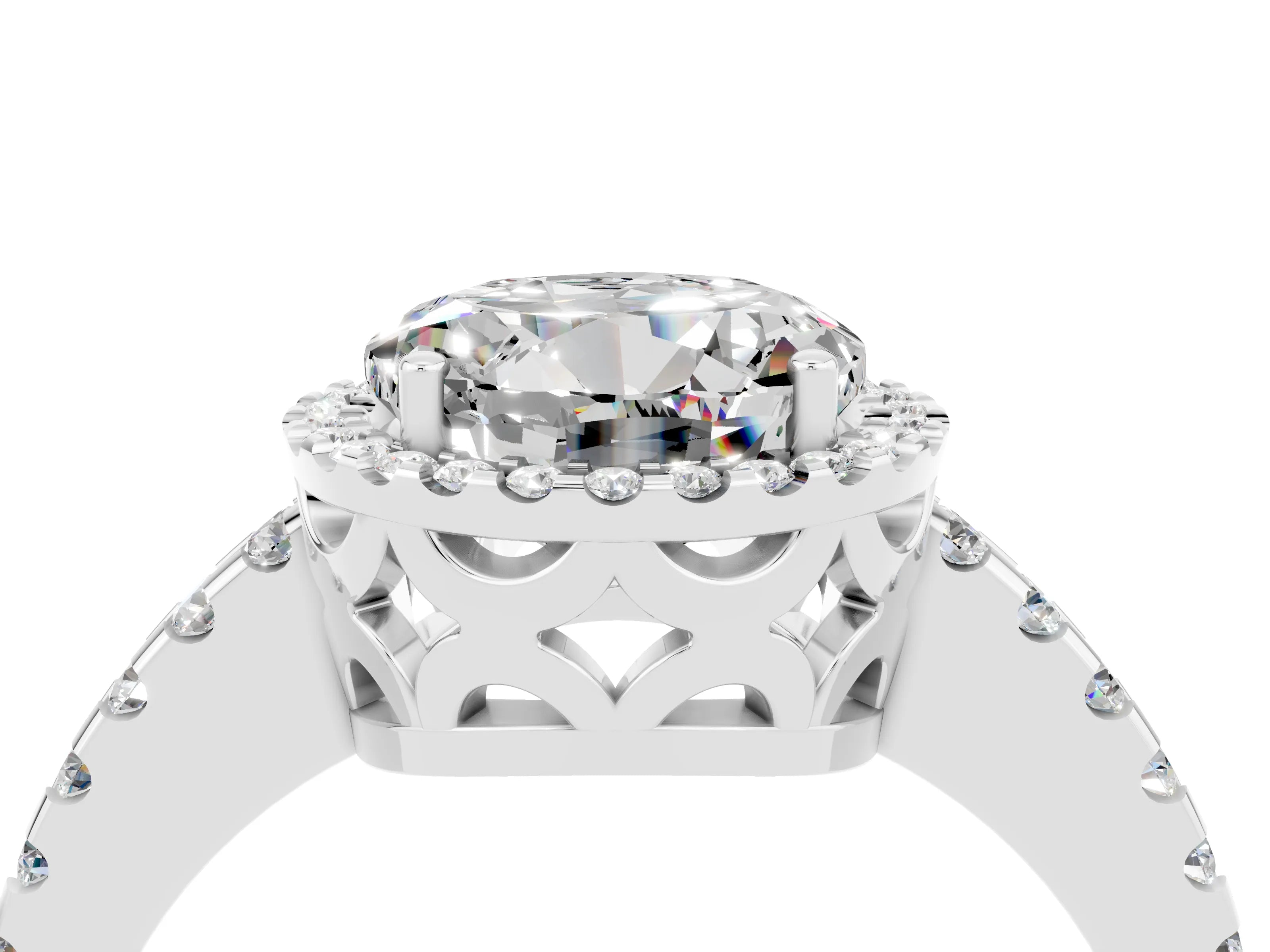 White gold Round Cut Moissanite Halo Engagement Ring with Pavé Band and Prong Setting_16