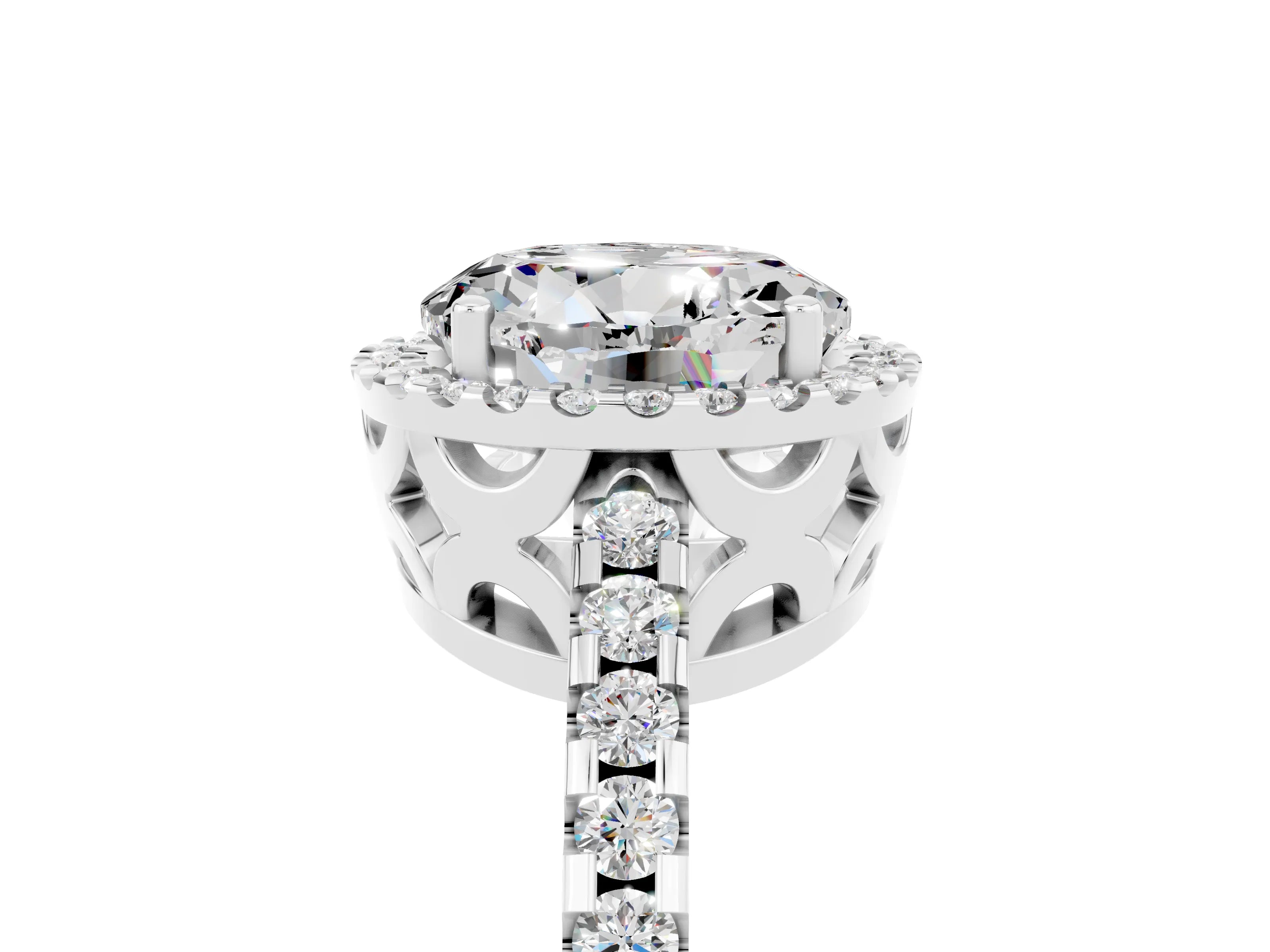 White gold Round Cut Moissanite Halo Engagement Ring with Pavé Band and Prong Setting_17