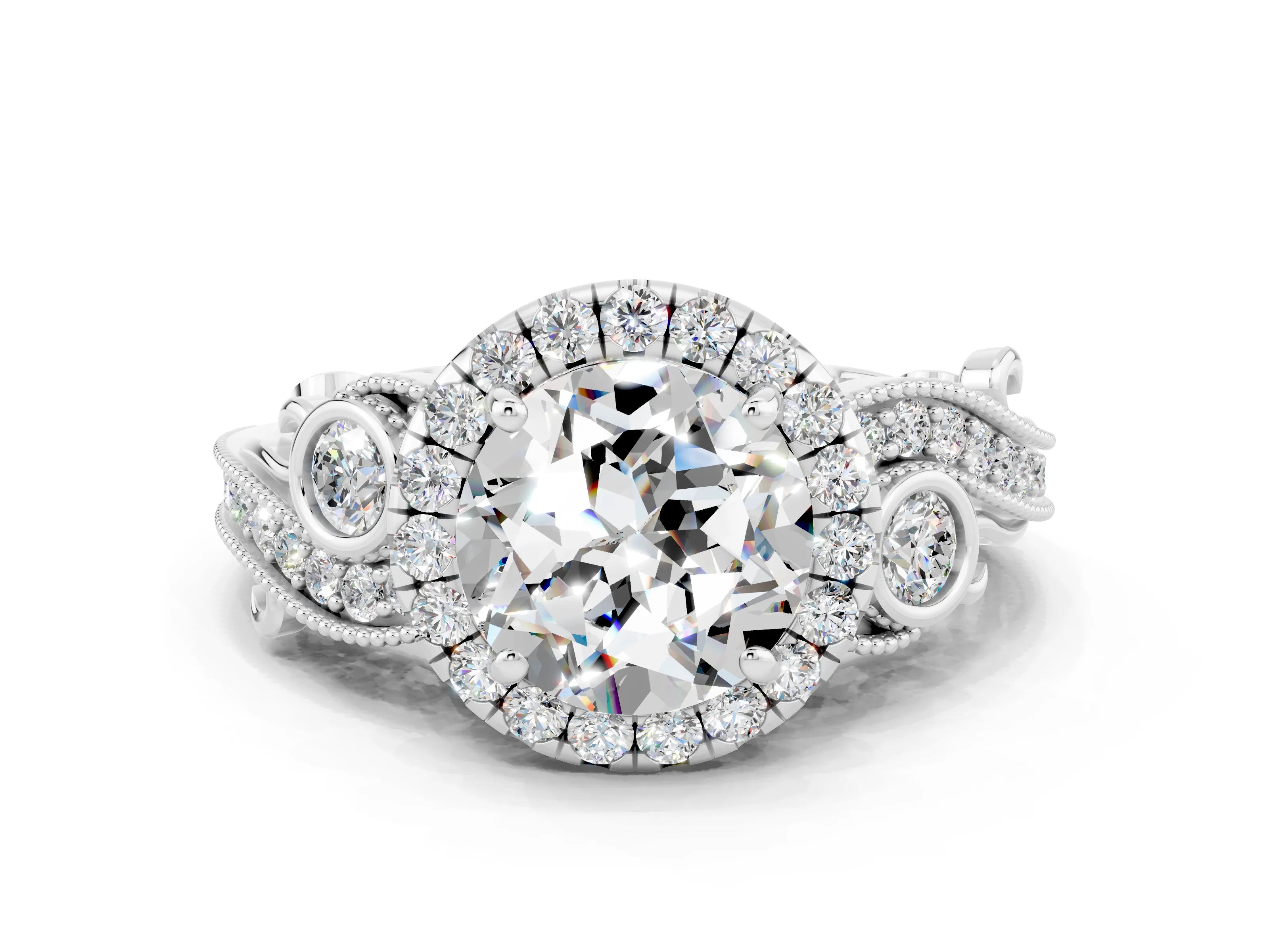White gold Round Cut Moissanite Halo Ring with Milgrain Pavé Band and Four-Prong Setting_12