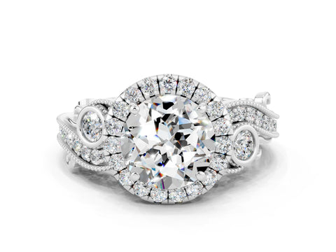 White gold Round Cut Moissanite Halo Ring with Milgrain Pavé Band and Four-Prong Setting_12