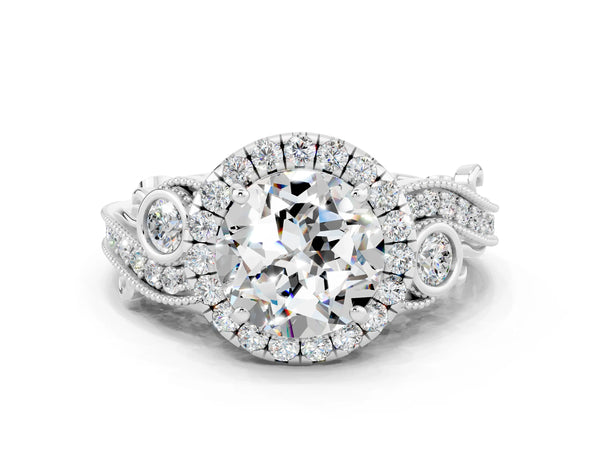 Silver Round Cut Moissanite Halo Ring with Milgrain Pavé Band and Four-Prong Setting