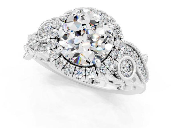 Platinum Round Cut Moissanite Halo Ring with Milgrain Pavé Band and Four-Prong Setting