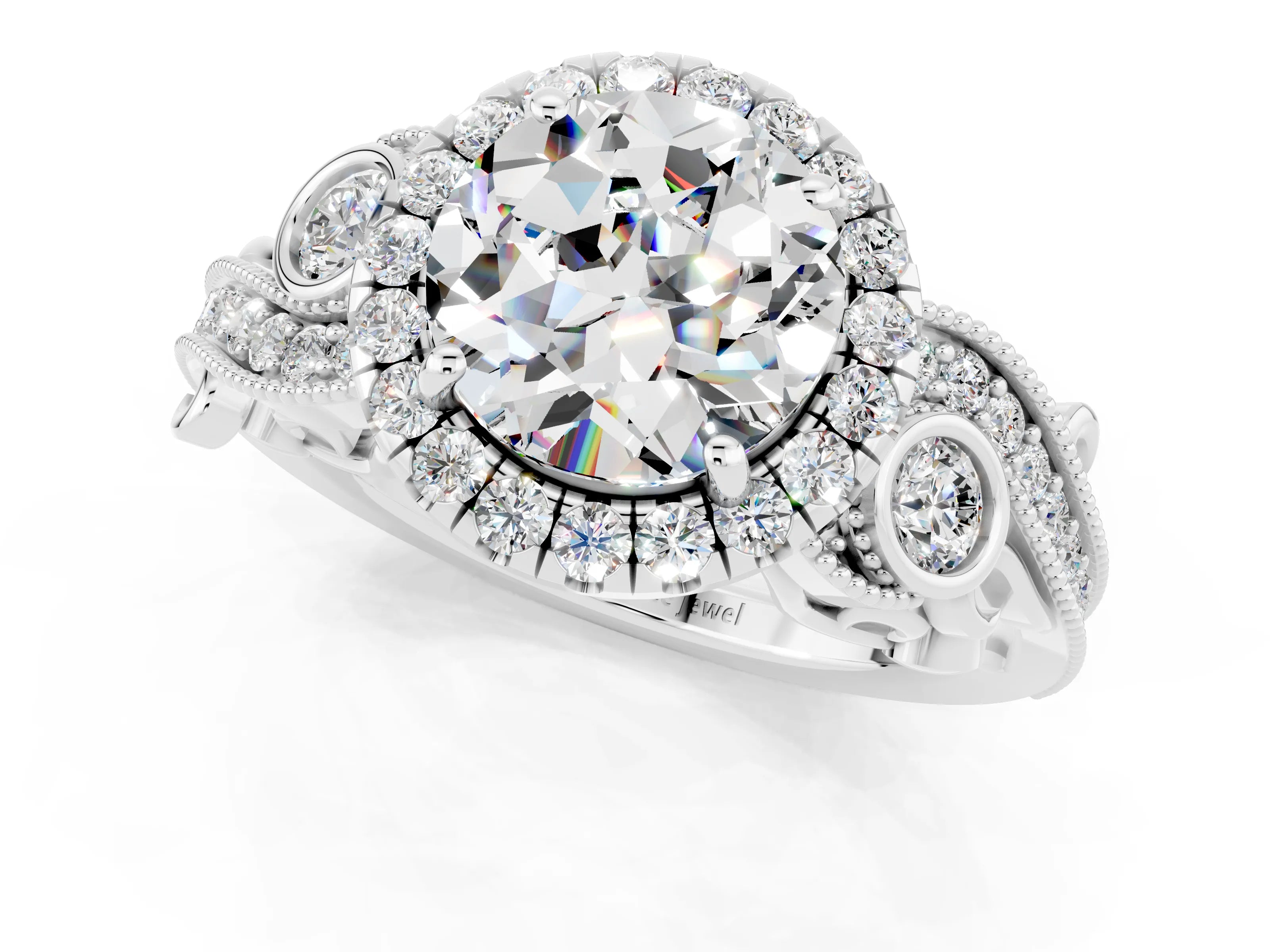 White gold Round Cut Moissanite Halo Ring with Milgrain Pavé Band and Four-Prong Setting_13