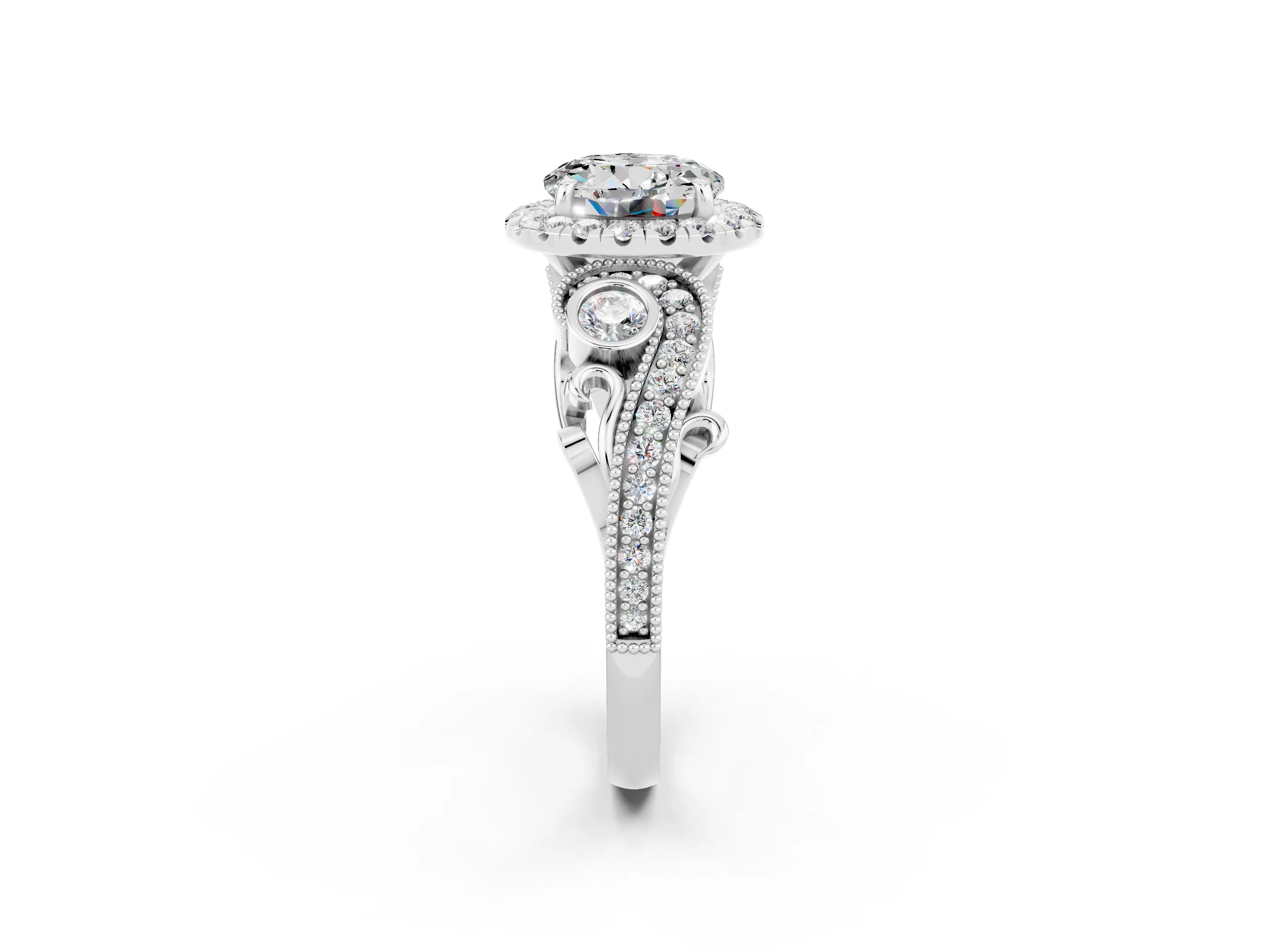 White gold Round Cut Moissanite Halo Ring with Milgrain Pavé Band and Four-Prong Setting_14