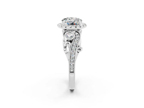 White gold Round Cut Moissanite Halo Ring with Milgrain Pavé Band and Four-Prong Setting_14