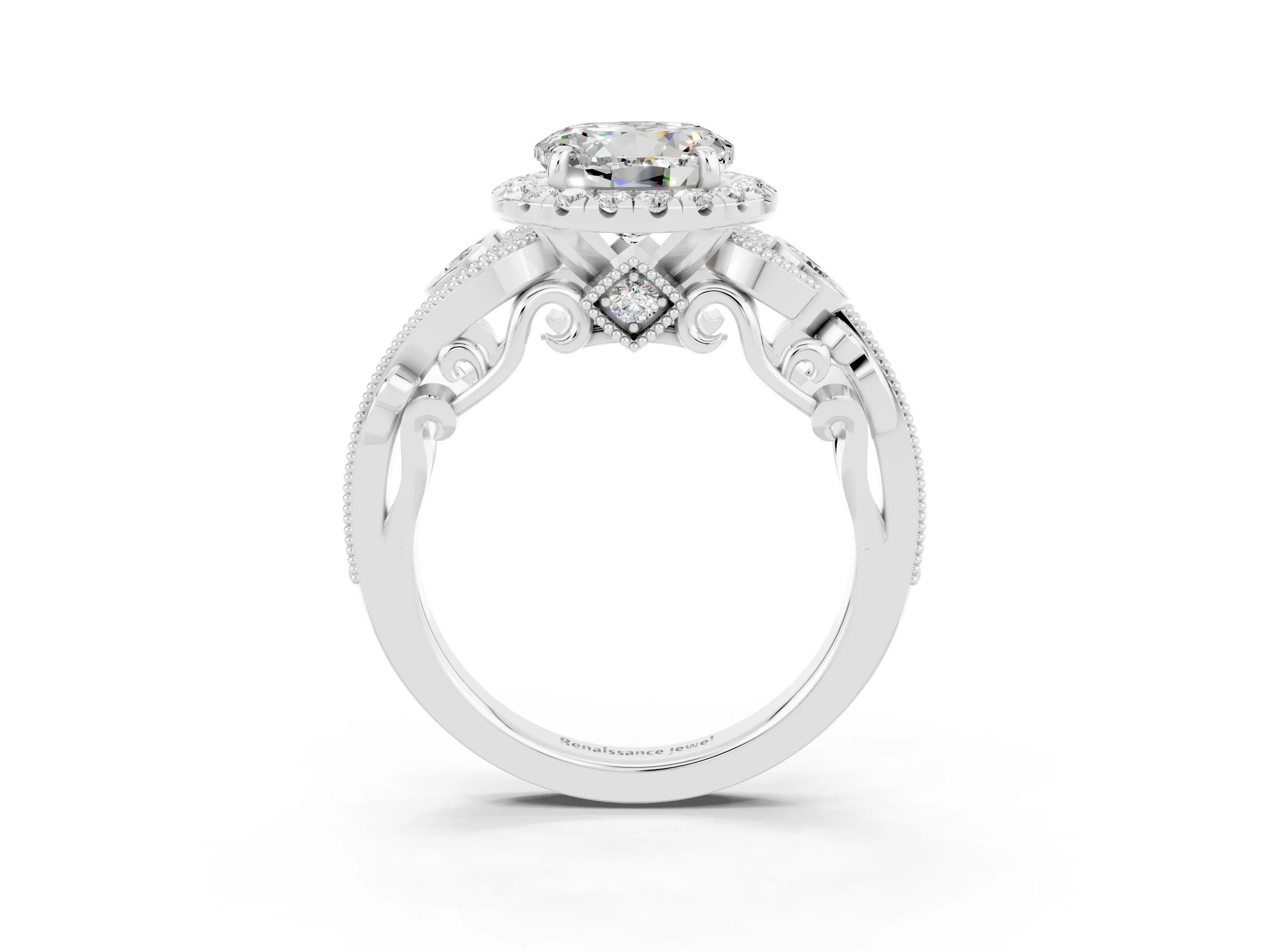 White gold Round Cut Moissanite Halo Ring with Milgrain Pavé Band and Four-Prong Setting_15