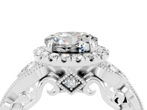White gold Round Cut Moissanite Halo Ring with Milgrain Pavé Band and Four-Prong Setting_16