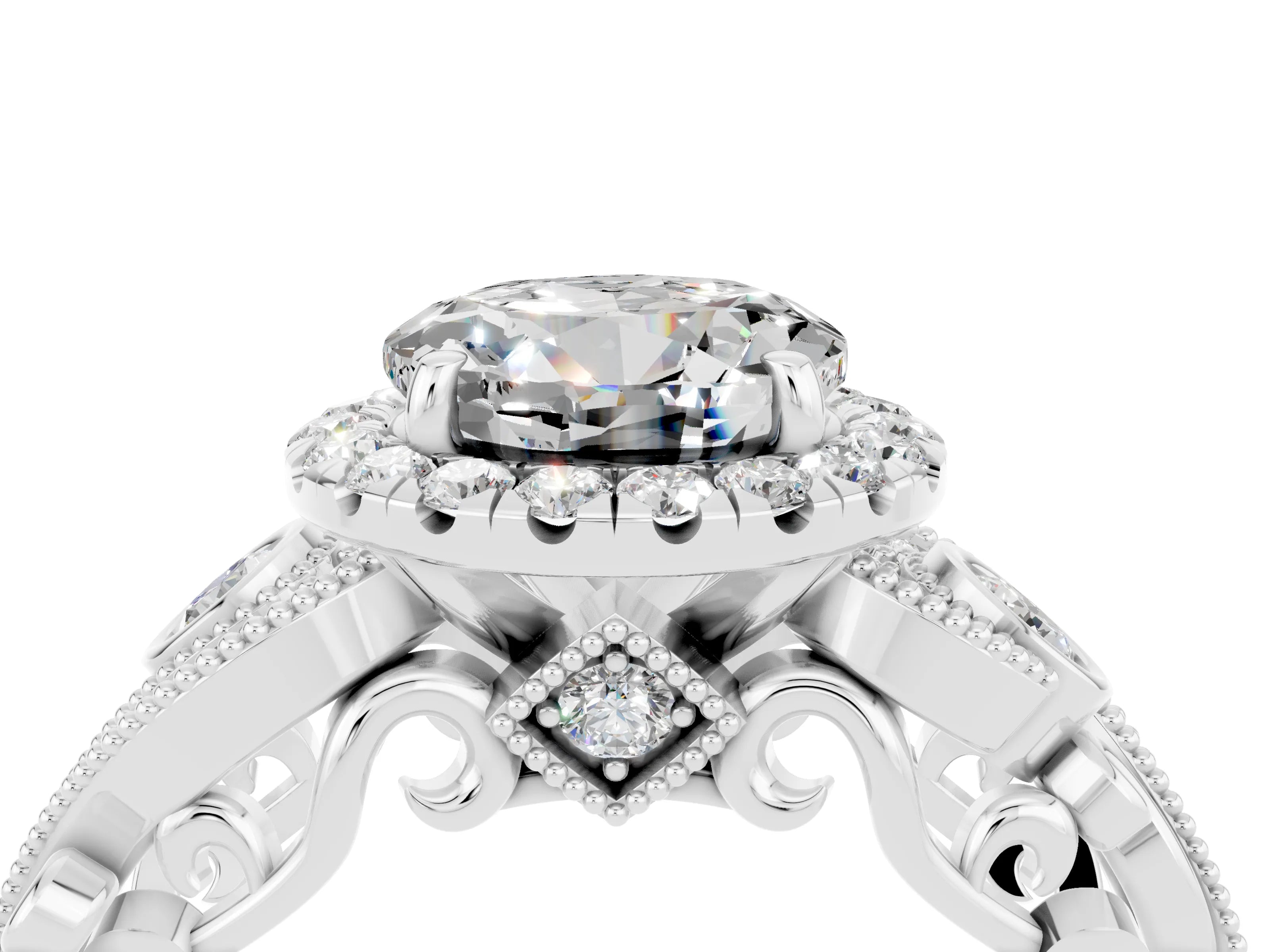 White gold Round Cut Moissanite Halo Ring with Milgrain Pavé Band and Four-Prong Setting_16