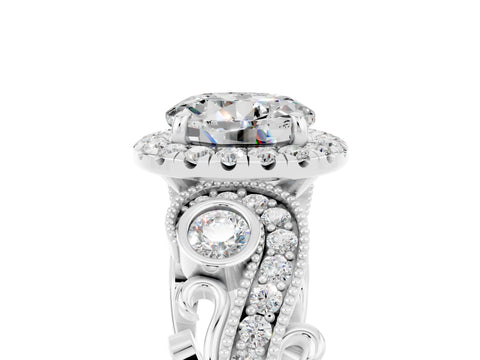 White gold Round Cut Moissanite Halo Ring with Milgrain Pavé Band and Four-Prong Setting_17