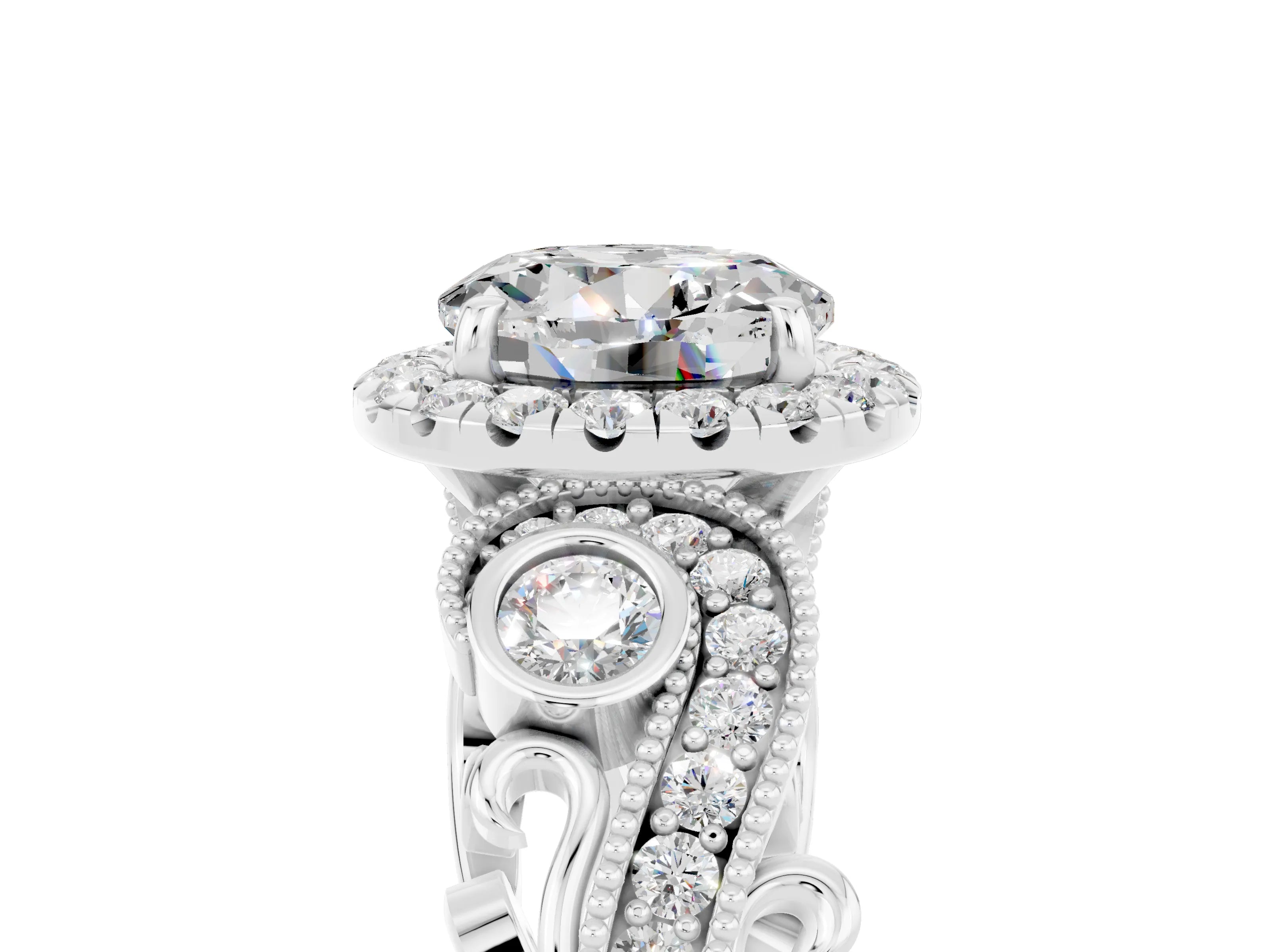 White gold Round Cut Moissanite Halo Ring with Milgrain Pavé Band and Four-Prong Setting_17