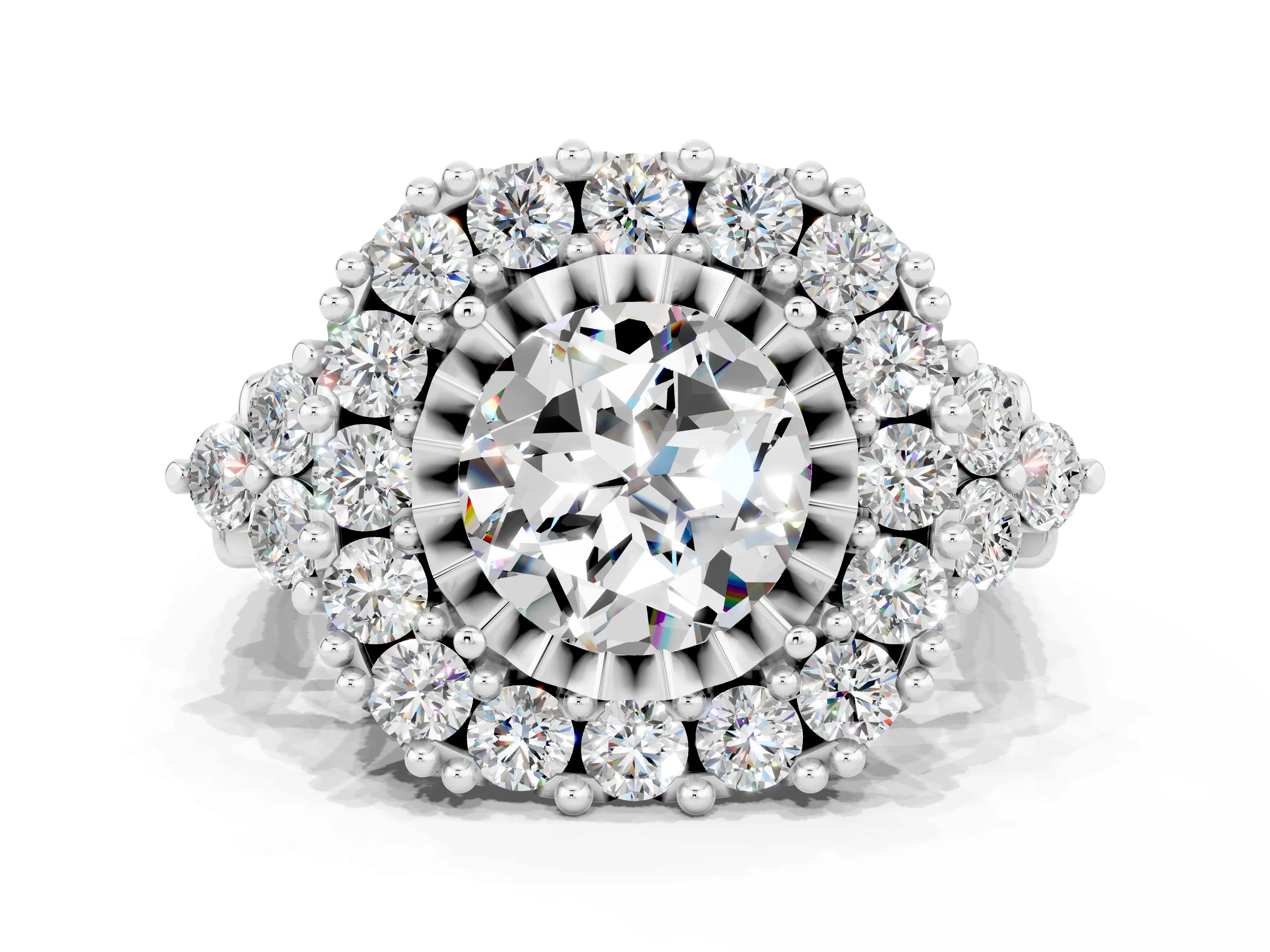 White gold Round Cut Moissanite Halo Ring with Pavé Band and Four-Prong Setting_12