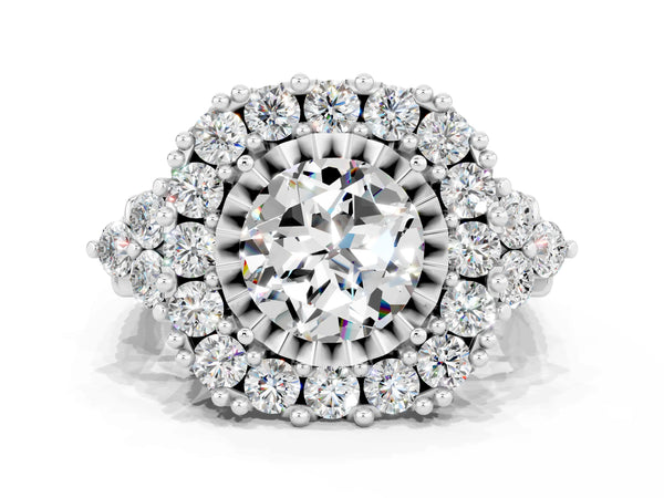 Silver Round Cut Moissanite Halo Ring with Pavé Band and Four-Prong Setting