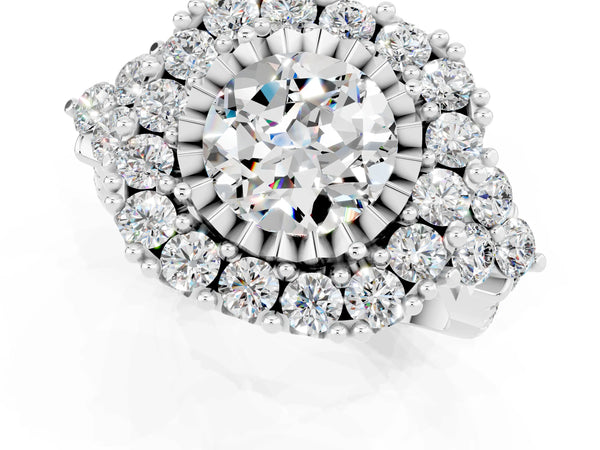 Silver Round Cut Moissanite Halo Ring with Pavé Band and Four-Prong Setting