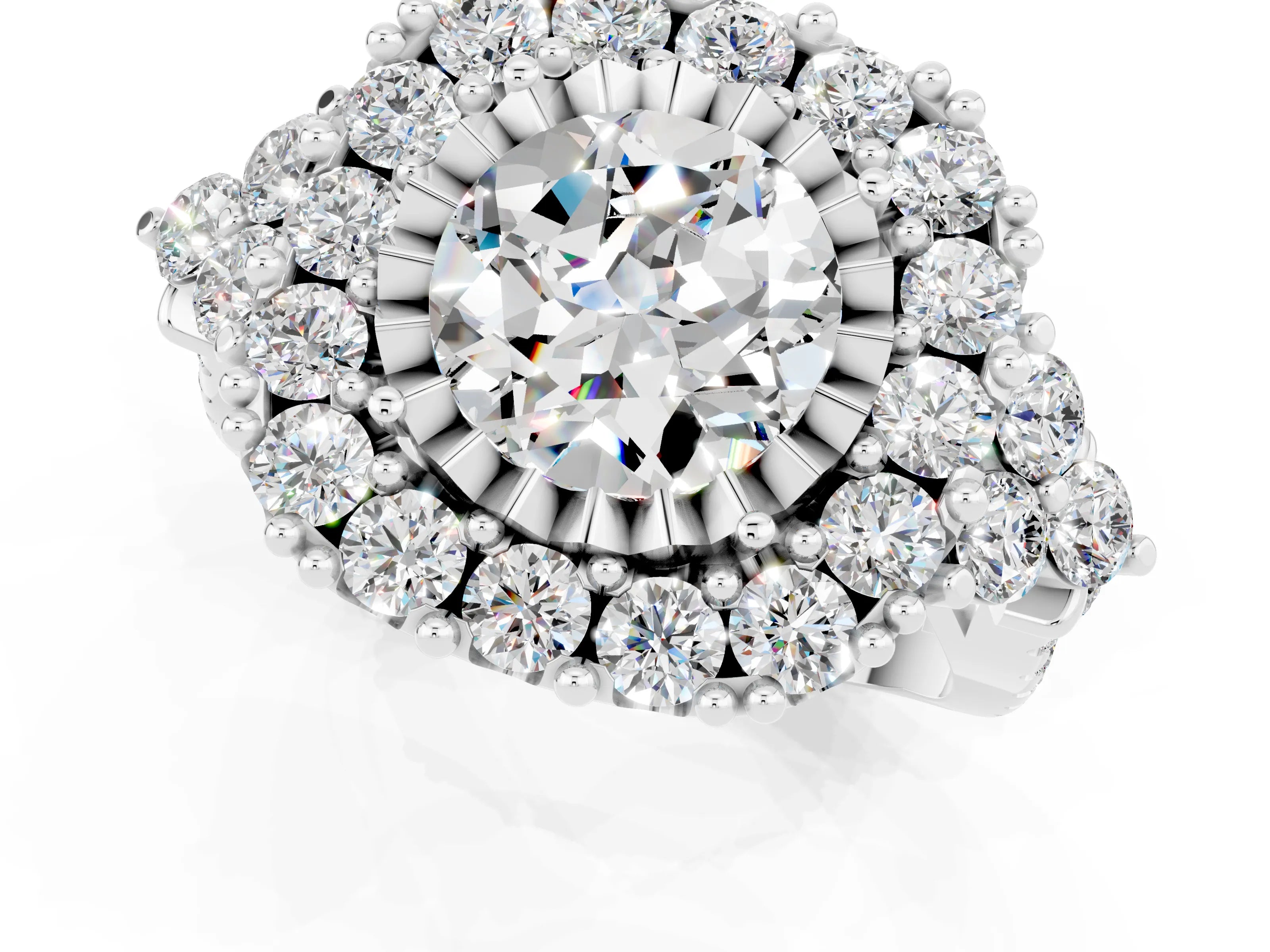 White gold Round Cut Moissanite Halo Ring with Pavé Band and Four-Prong Setting_13