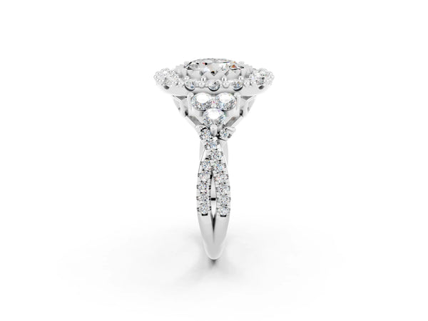 Platinum Round Cut Moissanite Halo Ring with Pavé Band and Four-Prong Setting