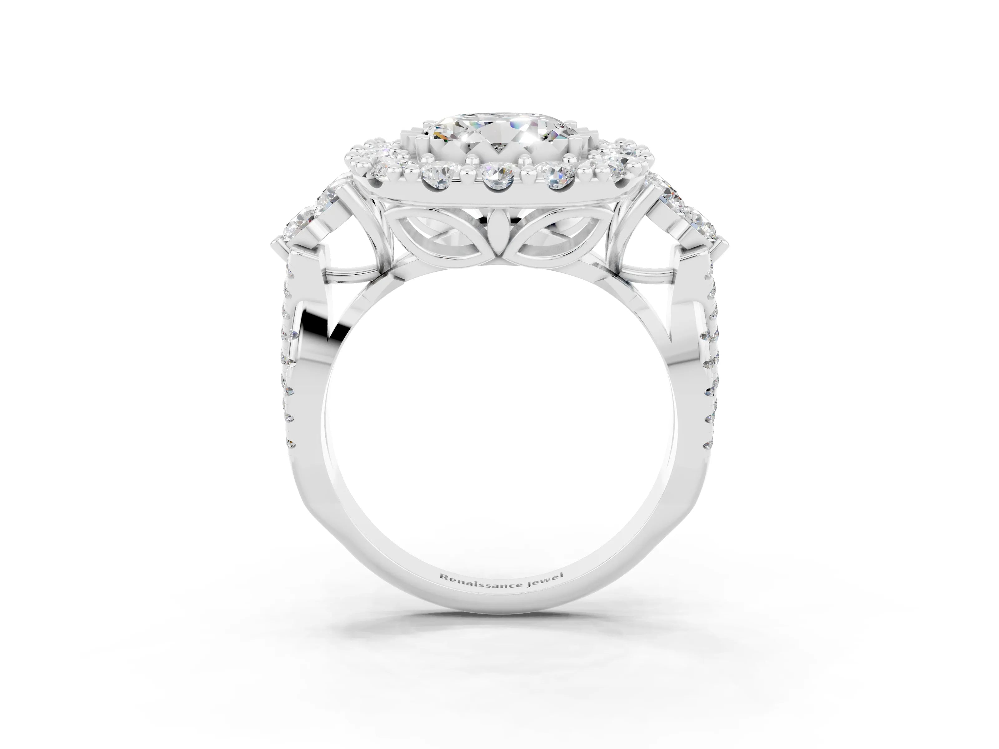 White gold Round Cut Moissanite Halo Ring with Pavé Band and Four-Prong Setting_15