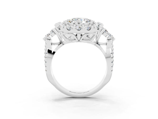 Silver Round Cut Moissanite Halo Ring with Pavé Band and Four-Prong Setting