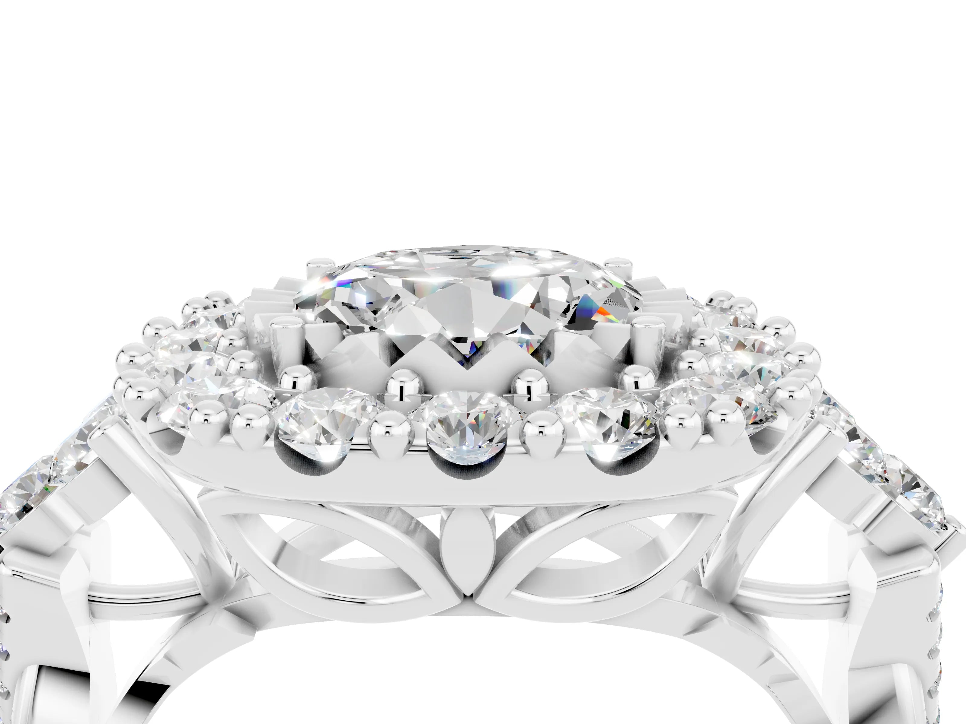 White gold Round Cut Moissanite Halo Ring with Pavé Band and Four-Prong Setting_16