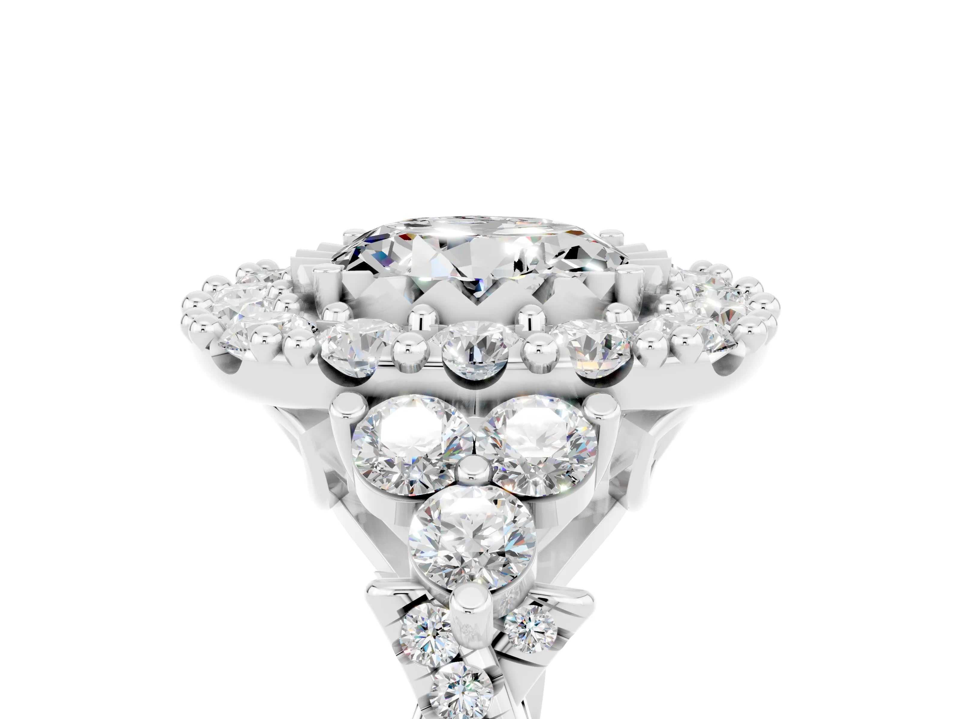 White gold Round Cut Moissanite Halo Ring with Pavé Band and Four-Prong Setting_17