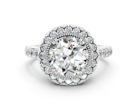 White gold Round Cut Moissanite Halo Ring with Pavé Band and Prong Setting