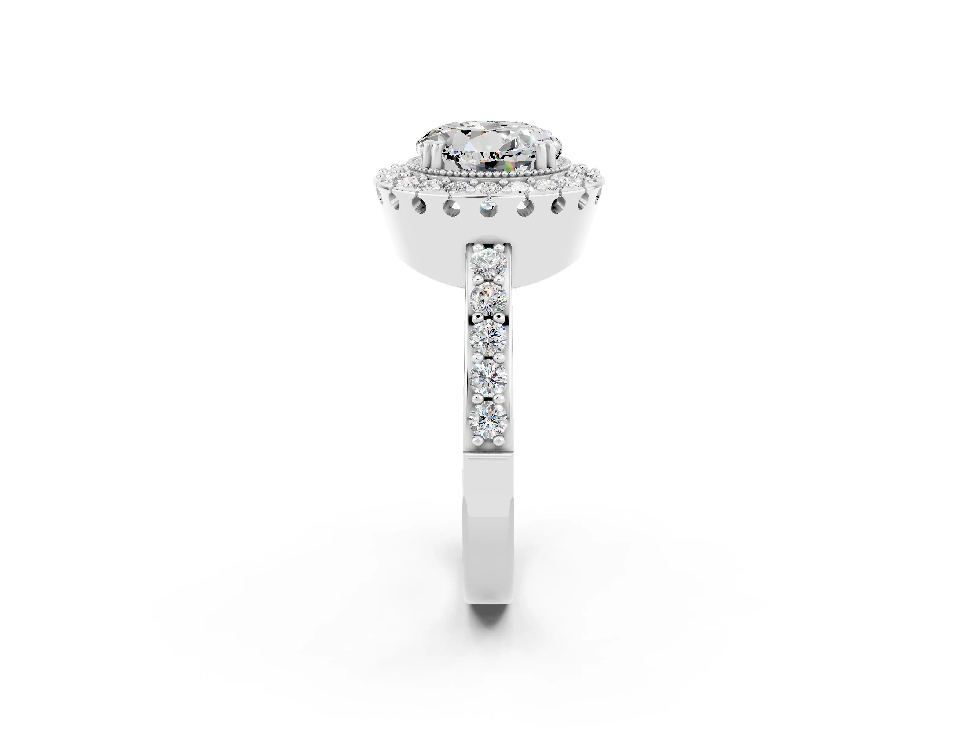 White gold Round Cut Moissanite Halo Ring with Pavé Band and Prong Setting_2
