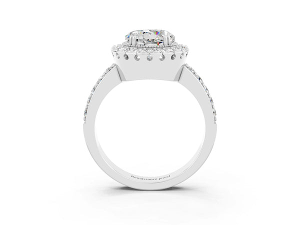 Platinum Round Cut Moissanite Halo Ring with Pavé Band and Prong Setting