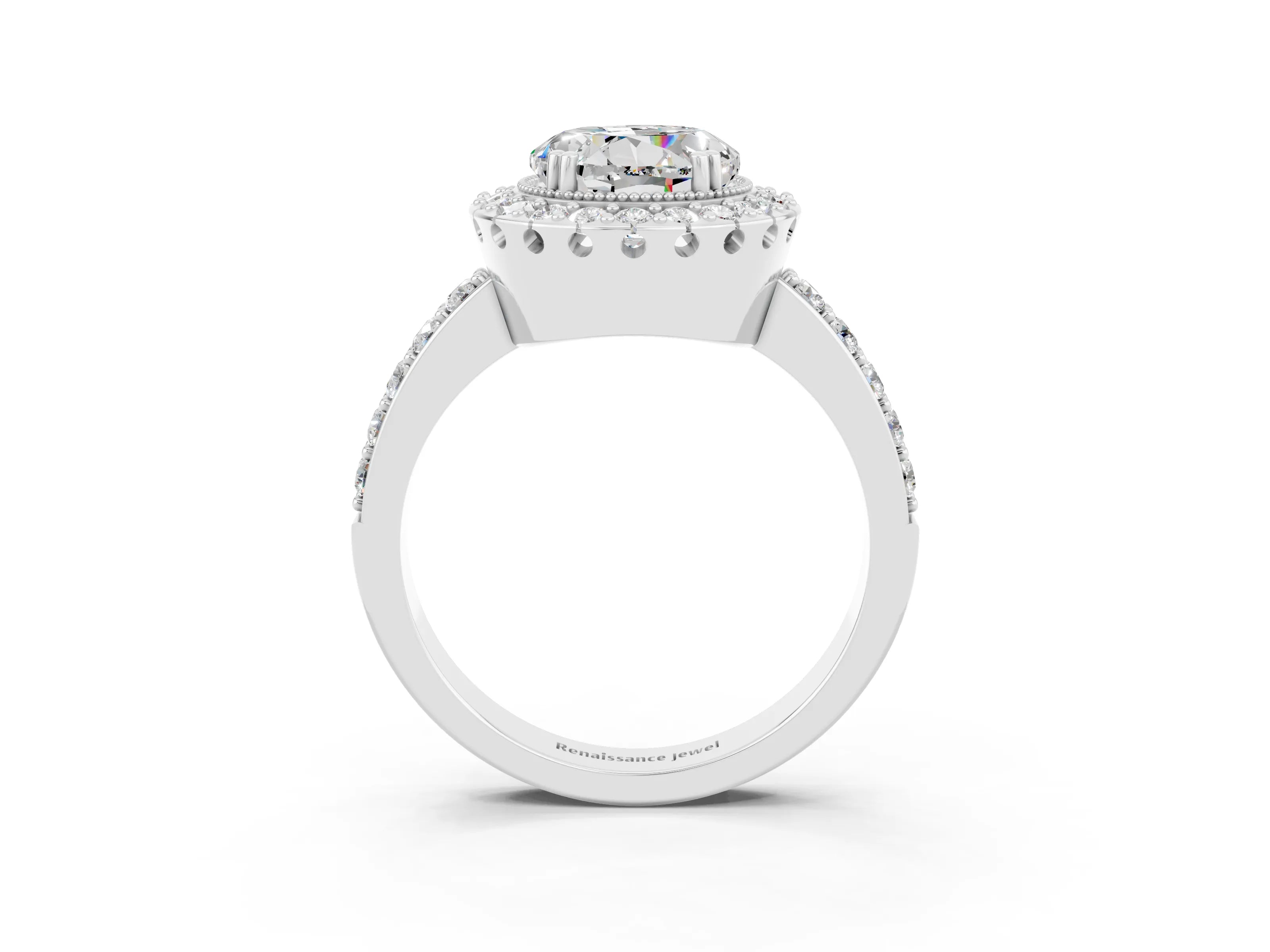 White gold Round Cut Moissanite Halo Ring with Pavé Band and Prong Setting_3