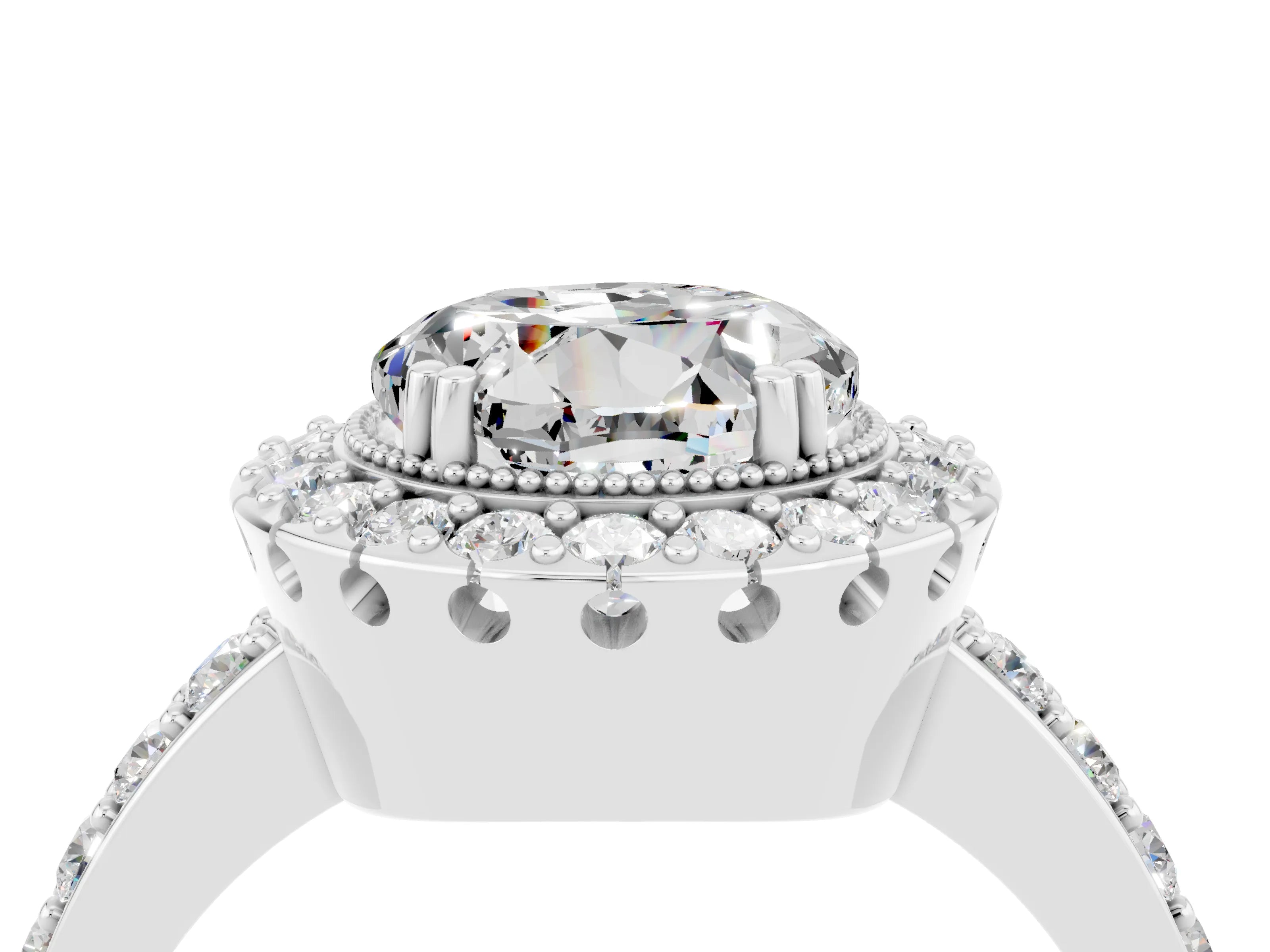 White gold Round Cut Moissanite Halo Ring with Pavé Band and Prong Setting_4
