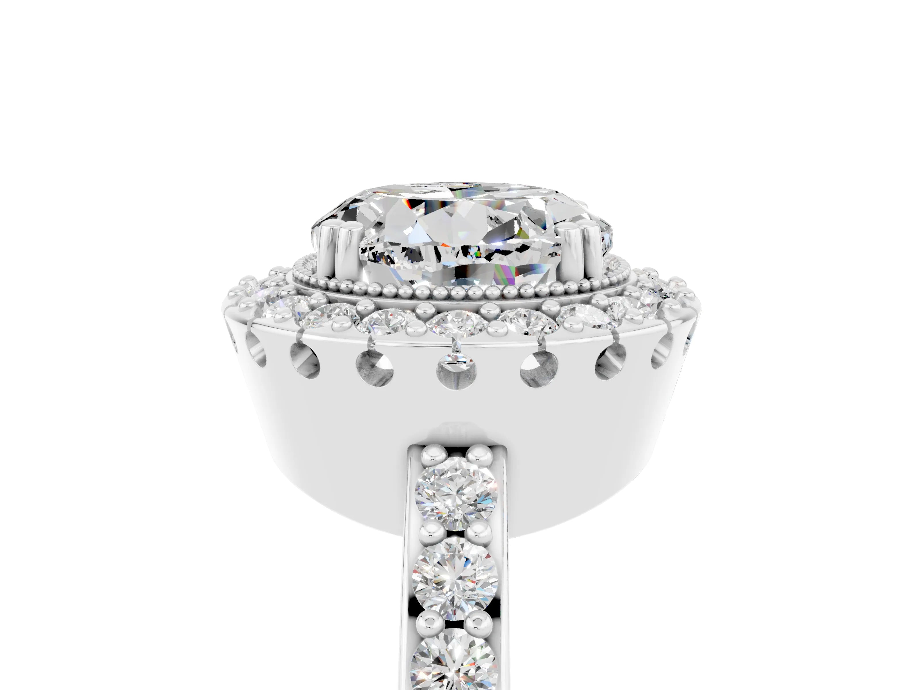 White gold Round Cut Moissanite Halo Ring with Pavé Band and Prong Setting_5
