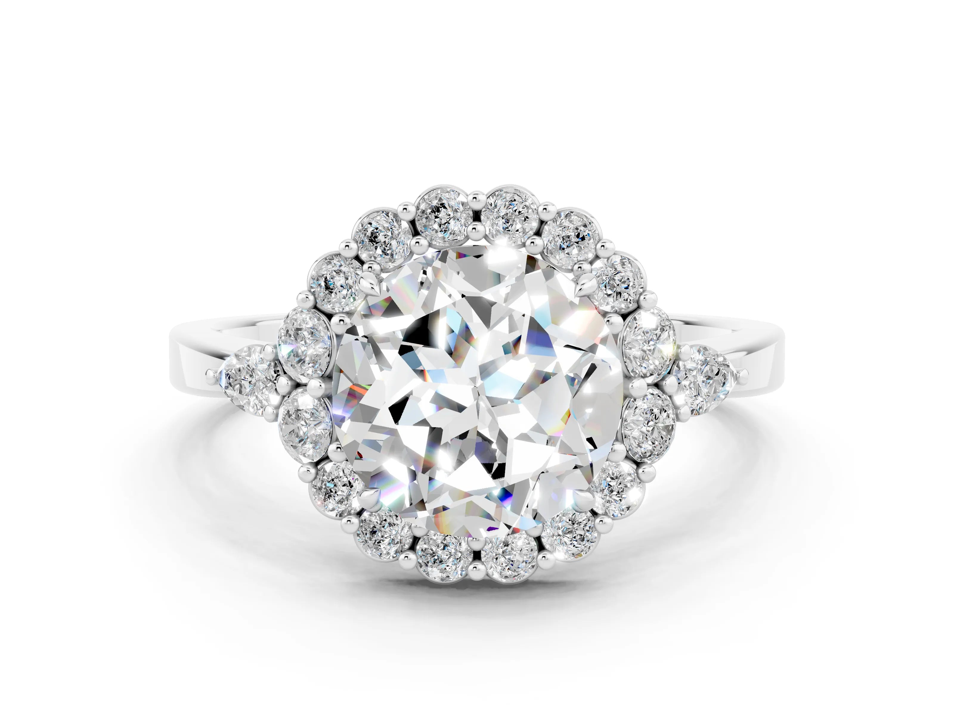 White gold Round Cut Moissanite Halo Ring with Pear Side Stones and Prong Setting_24