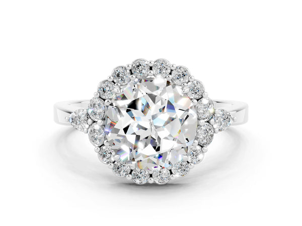 Silver Round Cut Moissanite Halo Ring with Pear Side Stones and Prong Setting