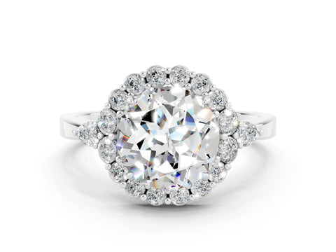 White gold Round Cut Moissanite Halo Ring with Pear Side Stones and Prong Setting_24