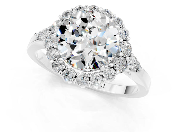 White gold Round Cut Moissanite Halo Ring with Pear Side Stones and Prong Setting