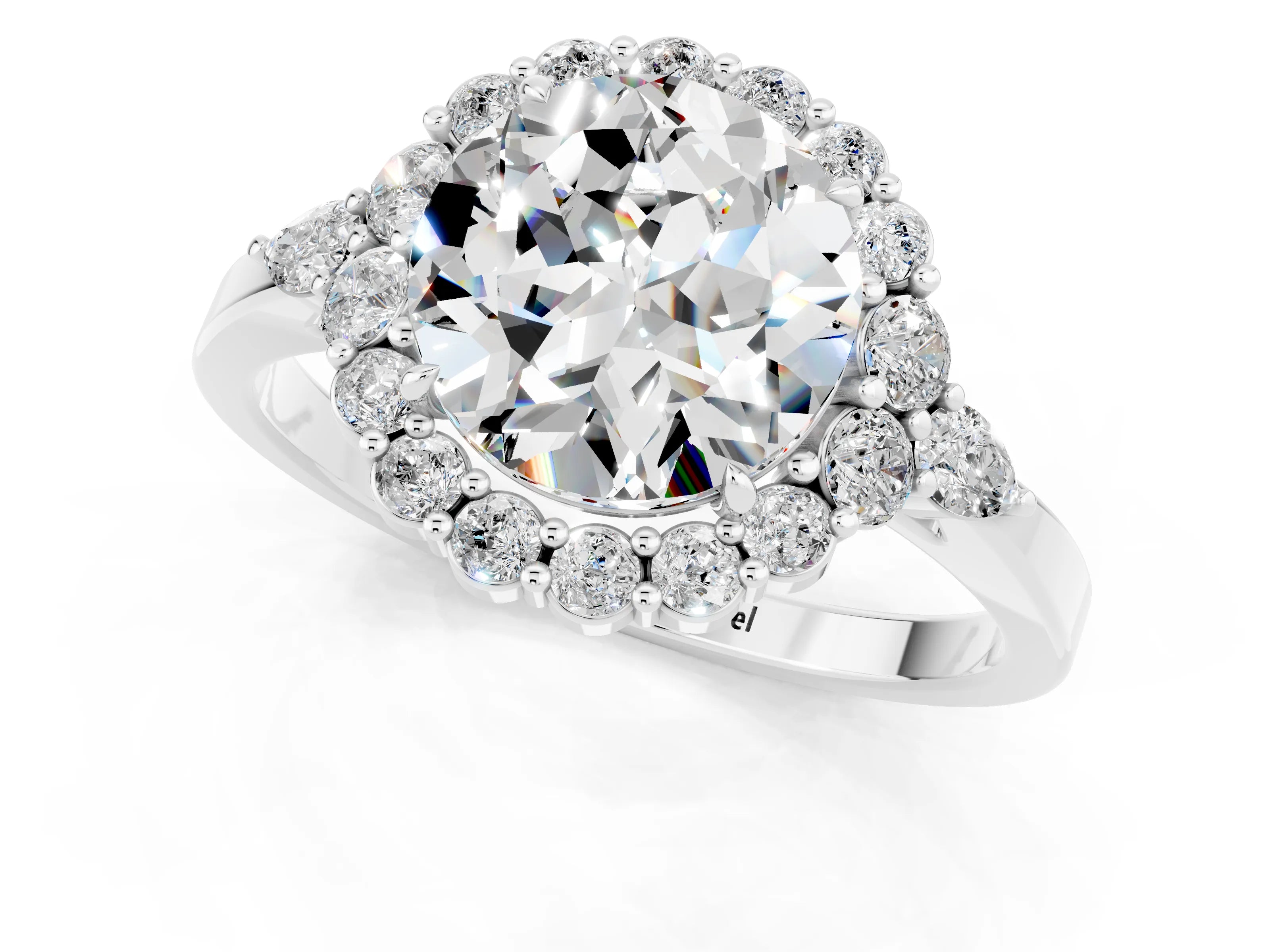 White gold Round Cut Moissanite Halo Ring with Pear Side Stones and Prong Setting_25