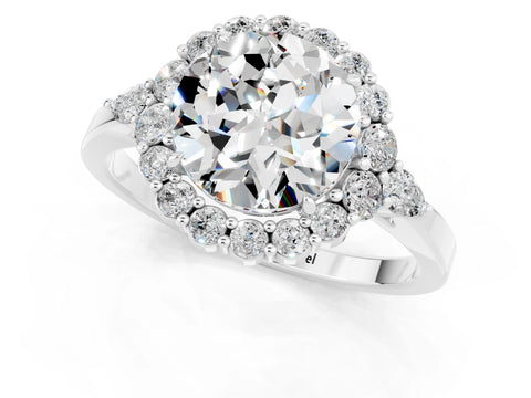 White gold Round Cut Moissanite Halo Ring with Pear Side Stones and Prong Setting_25