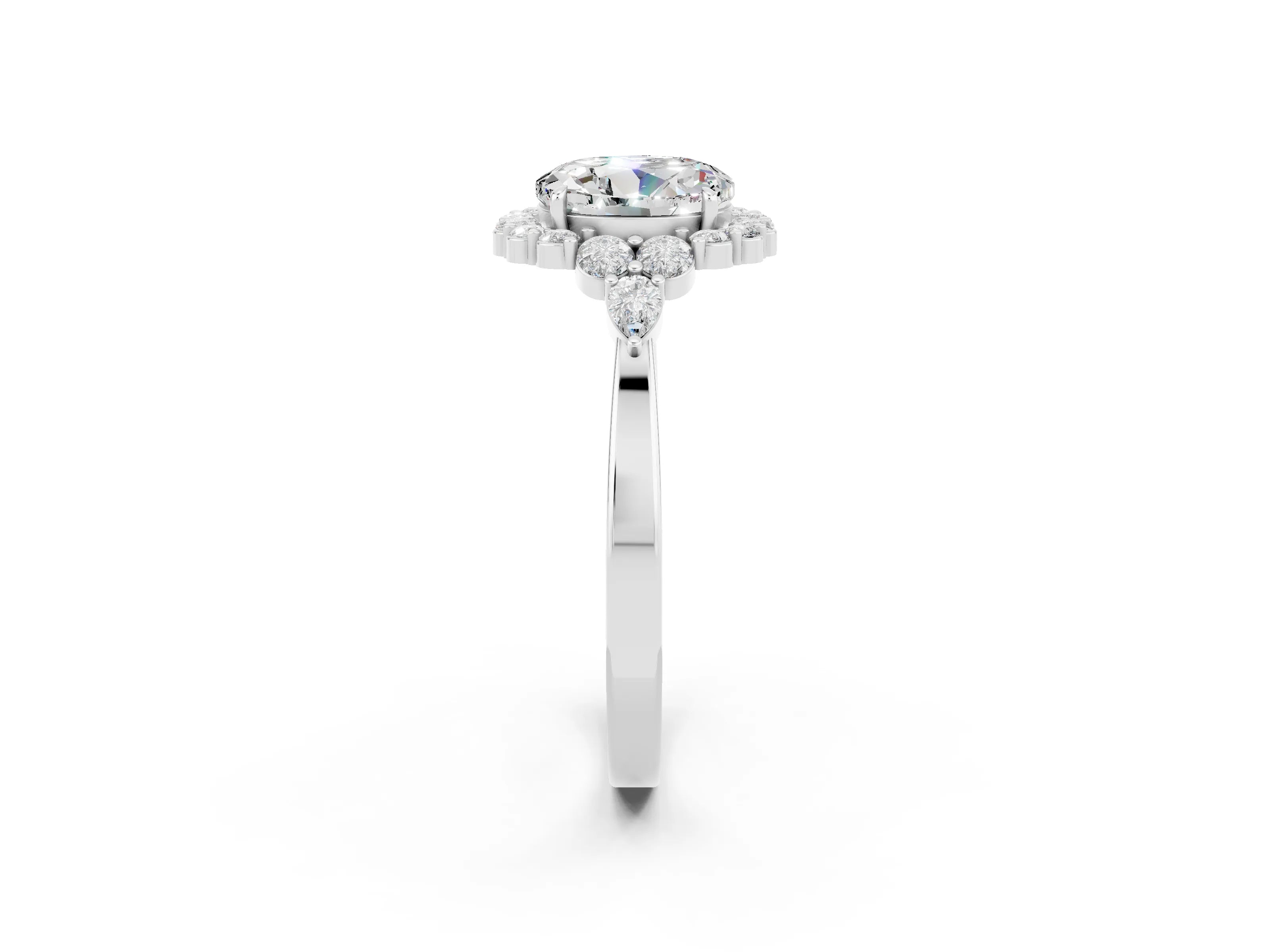 White gold Round Cut Moissanite Halo Ring with Pear Side Stones and Prong Setting_26