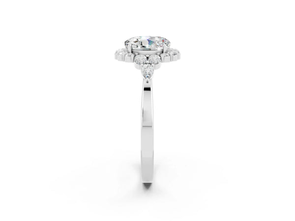 White gold Round Cut Moissanite Halo Ring with Pear Side Stones and Prong Setting