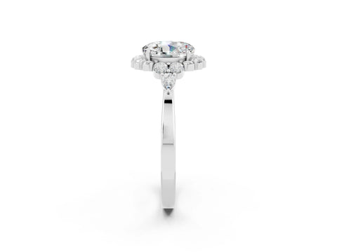White gold Round Cut Moissanite Halo Ring with Pear Side Stones and Prong Setting_26