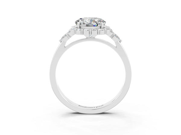 Silver Round Cut Moissanite Halo Ring with Pear Side Stones and Prong Setting