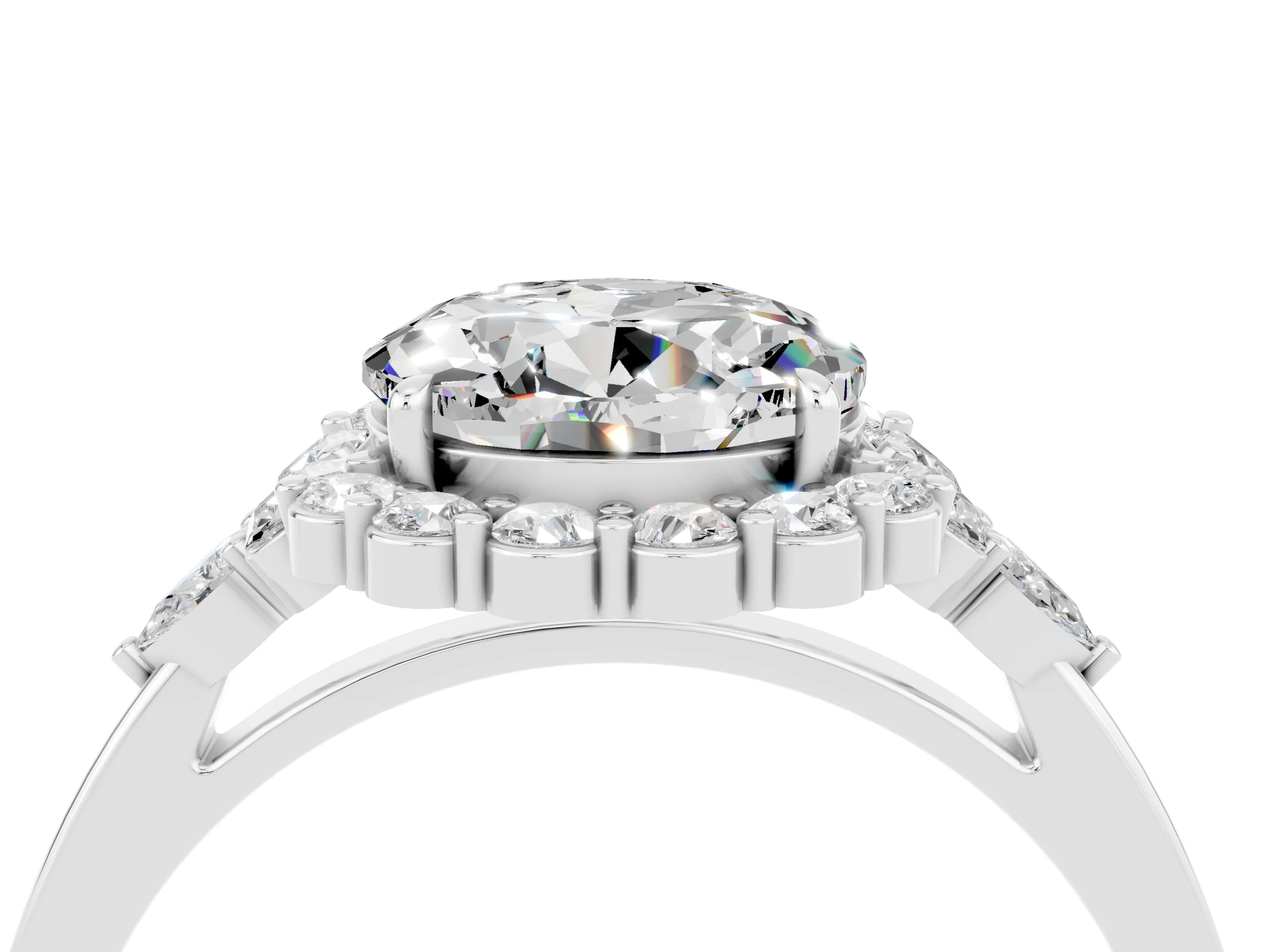 White gold Round Cut Moissanite Halo Ring with Pear Side Stones and Prong Setting_28