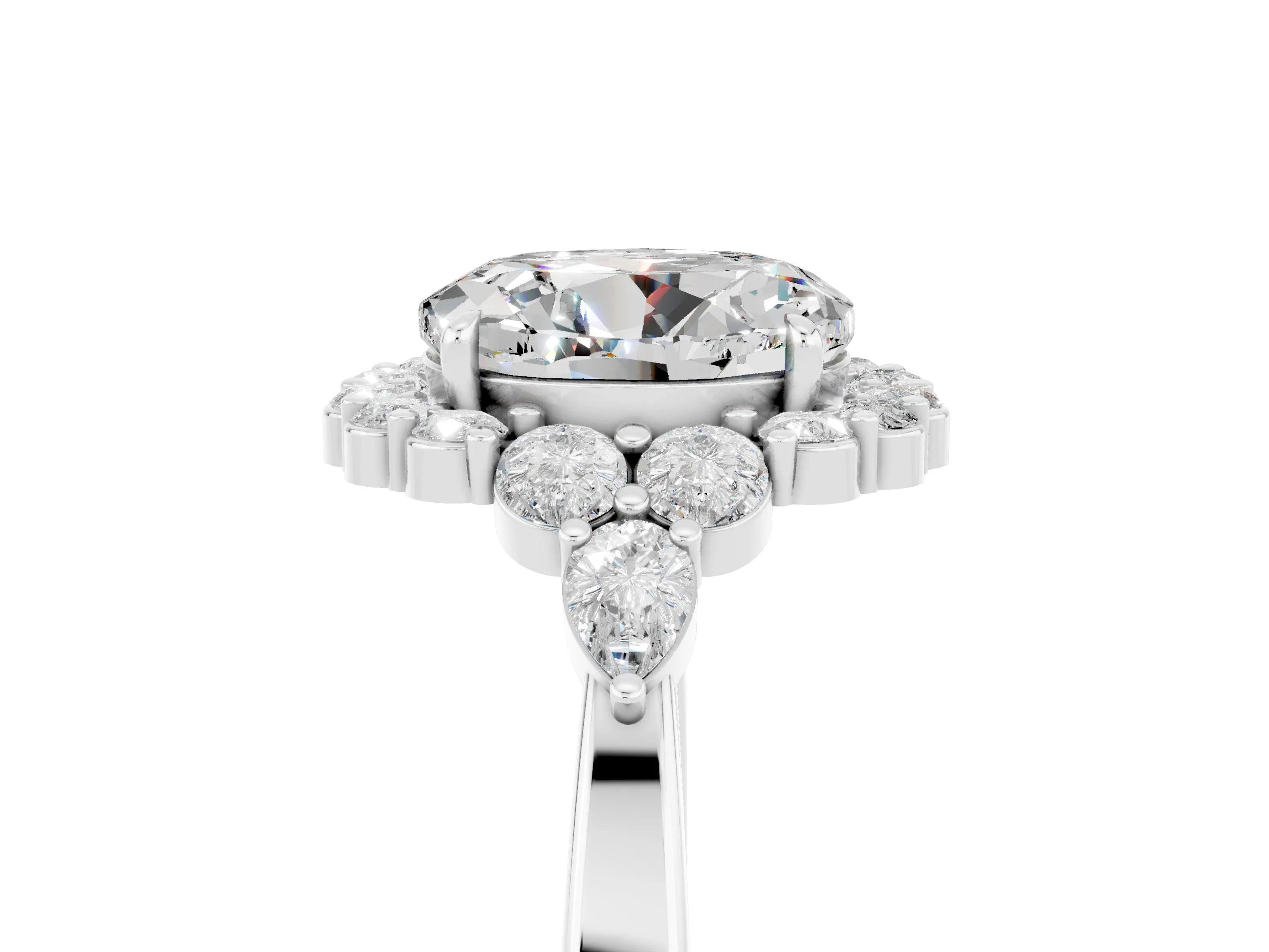White gold Round Cut Moissanite Halo Ring with Pear Side Stones and Prong Setting_29