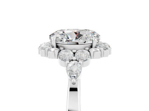 White gold Round Cut Moissanite Halo Ring with Pear Side Stones and Prong Setting_29