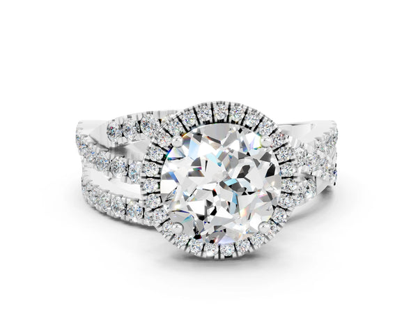 Platinum Round Cut Moissanite Halo Ring with Round Split Shank and Prong Setting
