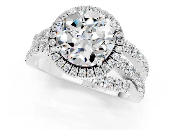Platinum Round Cut Moissanite Halo Ring with Round Split Shank and Prong Setting
