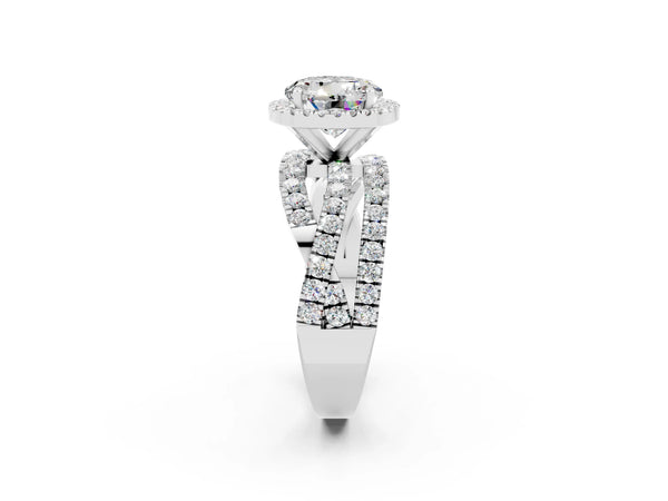 Platinum Round Cut Moissanite Halo Ring with Round Split Shank and Prong Setting