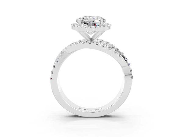 Platinum Round Cut Moissanite Halo Ring with Round Split Shank and Prong Setting