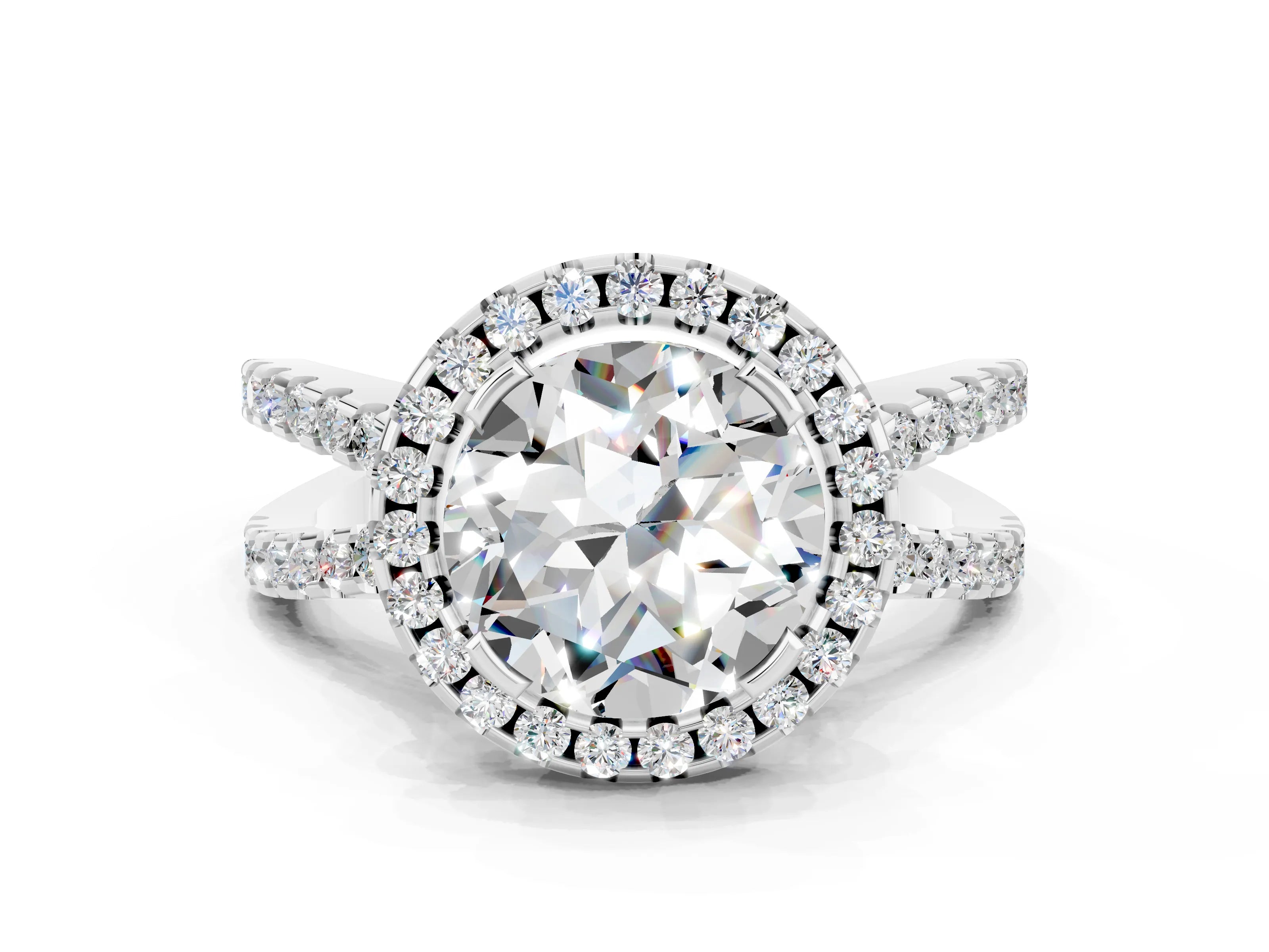 White gold Round Cut Moissanite Halo Ring with Split Shank Pavé Band and Prong Setting