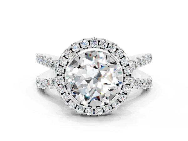 White gold Round Cut Moissanite Halo Ring with Split Shank Pavé Band and Prong Setting