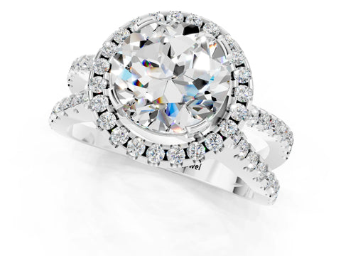 White gold Round Cut Moissanite Halo Ring with Split Shank Pavé Band and Prong Setting_1